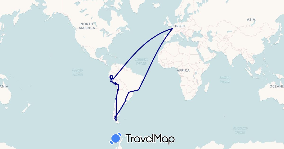 TravelMap itinerary: driving in Argentina, Bolivia, Brazil, Chile, France, Peru (Europe, South America)