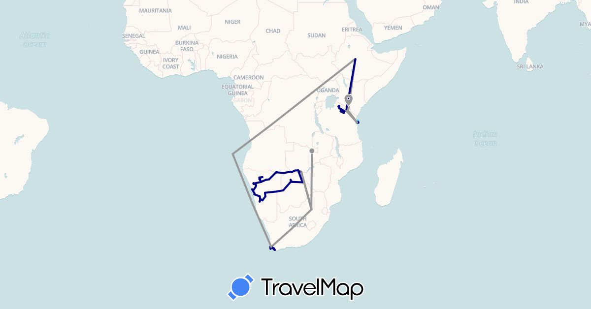 TravelMap itinerary: driving, plane, boat in Botswana, Ethiopia, Kenya, Namibia, Tanzania, South Africa, Zambia (Africa)